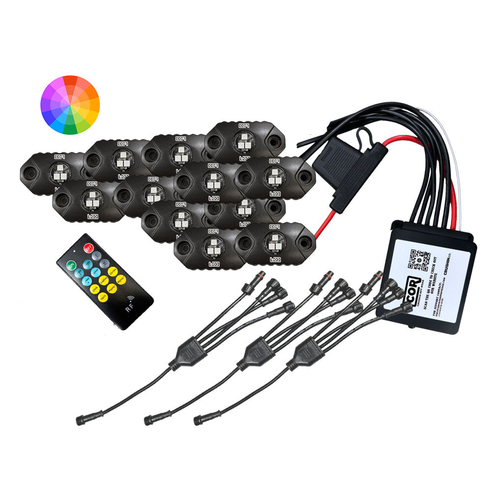 12 Piece, Mini-X Series Rock Light Kit, RGB, IP69K, Bluetooth Controller