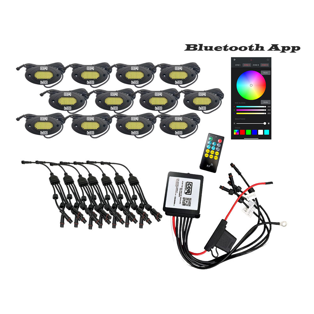 12 Piece RGB+W, 120 LED IP68 Rock Light Kit, Bluetooth Controller Kit