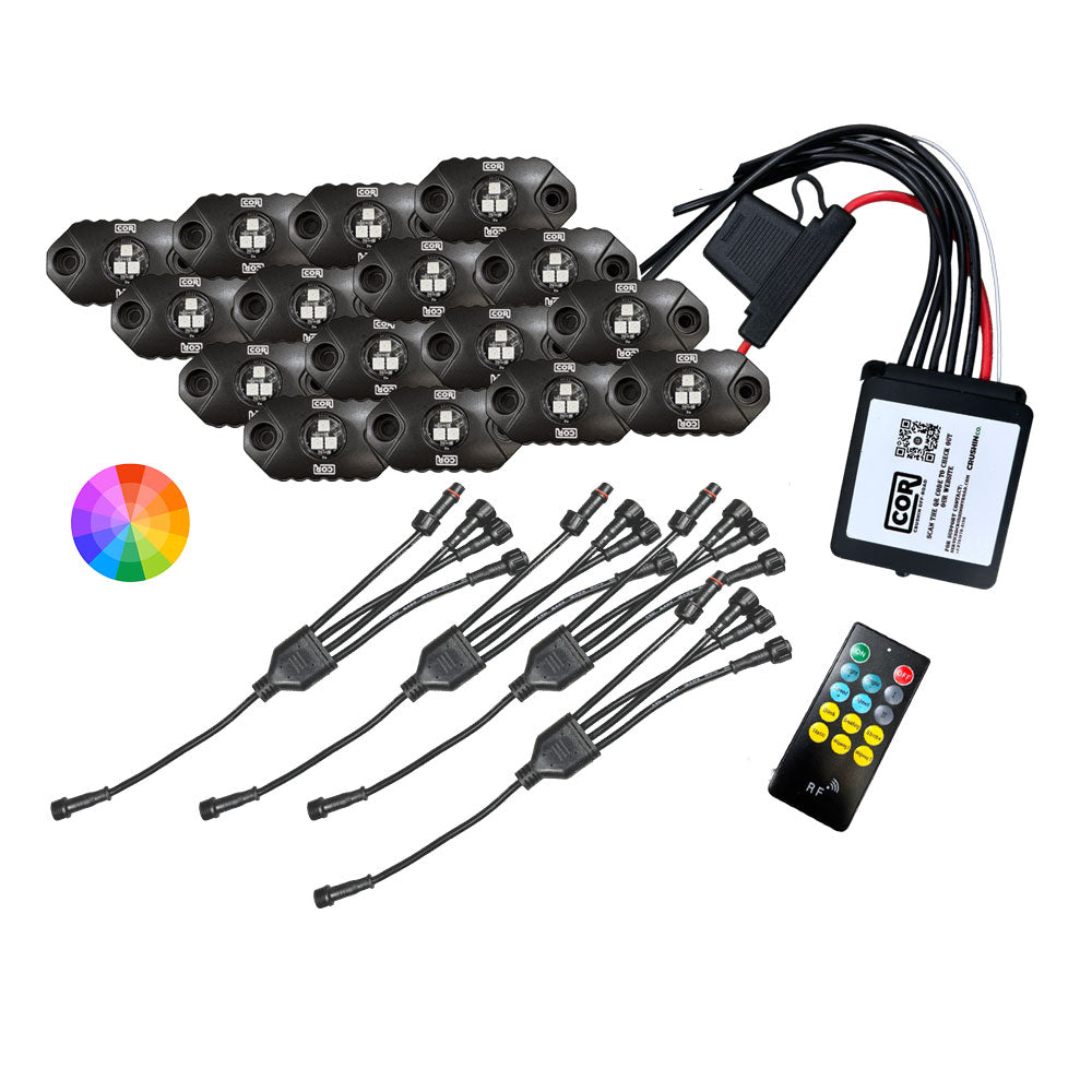 16 Piece, Mini-X Series Rock Light Kit, RGB, IP69K, Bluetooth Controller