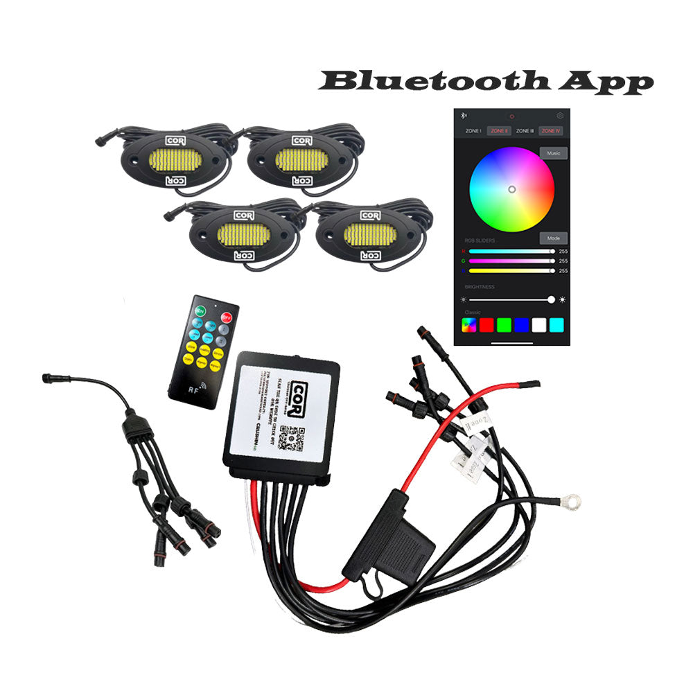 4 Piece RGB+W, 120 LED IP68 Rock Light Kit, Bluetooth Controller Kit