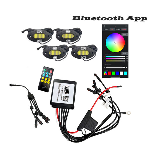 4 Piece RGB+W, 120 LED IP68 Rock Light Kit, Bluetooth Controller Kit