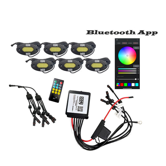 6 Piece RGB+W, 120 LED IP68 Rock Light Kit, Bluetooth Controller Kit