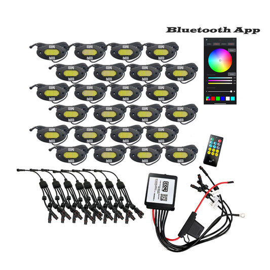 24 Piece White, HD-Series IP68 Rock Light Kit, 9000+LM, 108 with Bluetooth Controller Kit